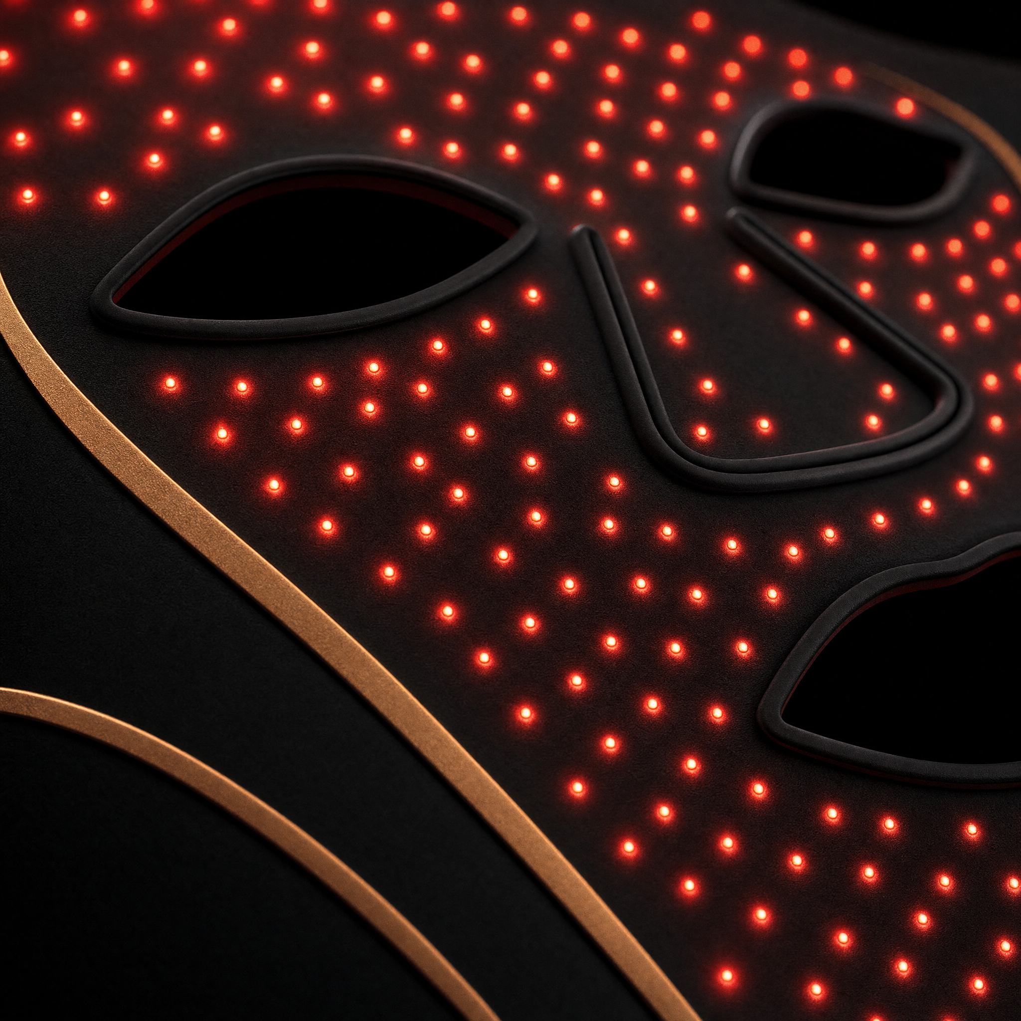 Gros plan sur les LED rouges vues à travers le silicone noir et un tracé cuivre