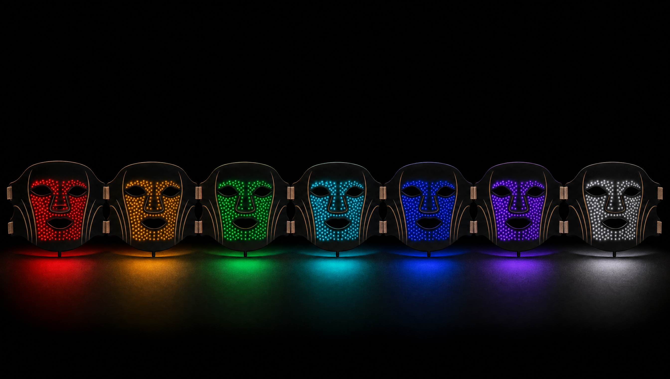 Sept masques ONDESSA alignés, chacun allumé dans une couleur différente