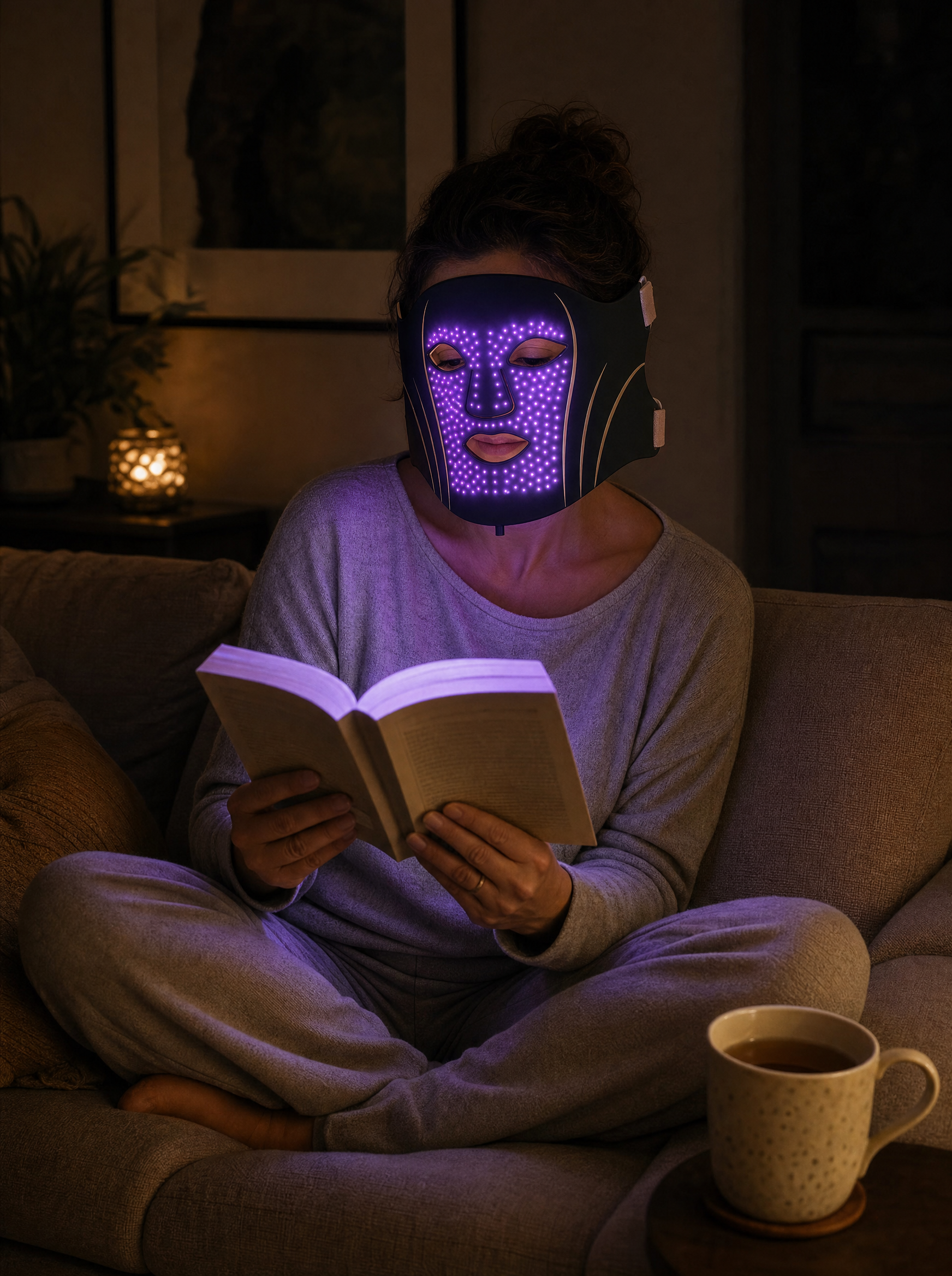 Une femme lit sur son canapé le soir en portant le masque ONDESSA allumé en violet