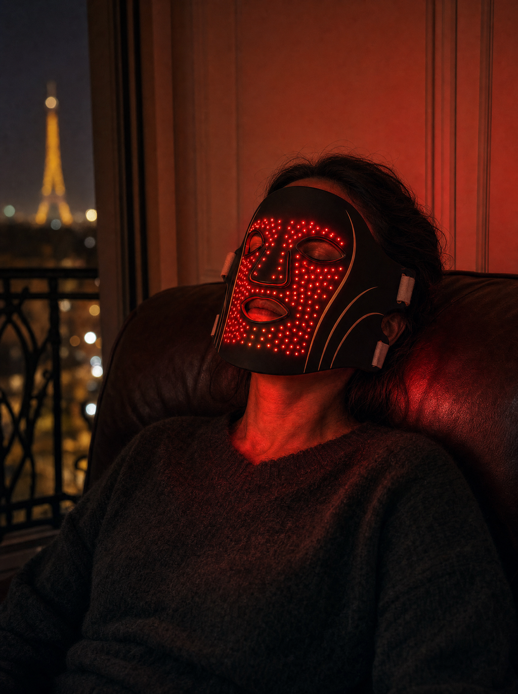 Une femme dans un fauteuil, le soir, porte le masque ONDESSA allumé en rouge