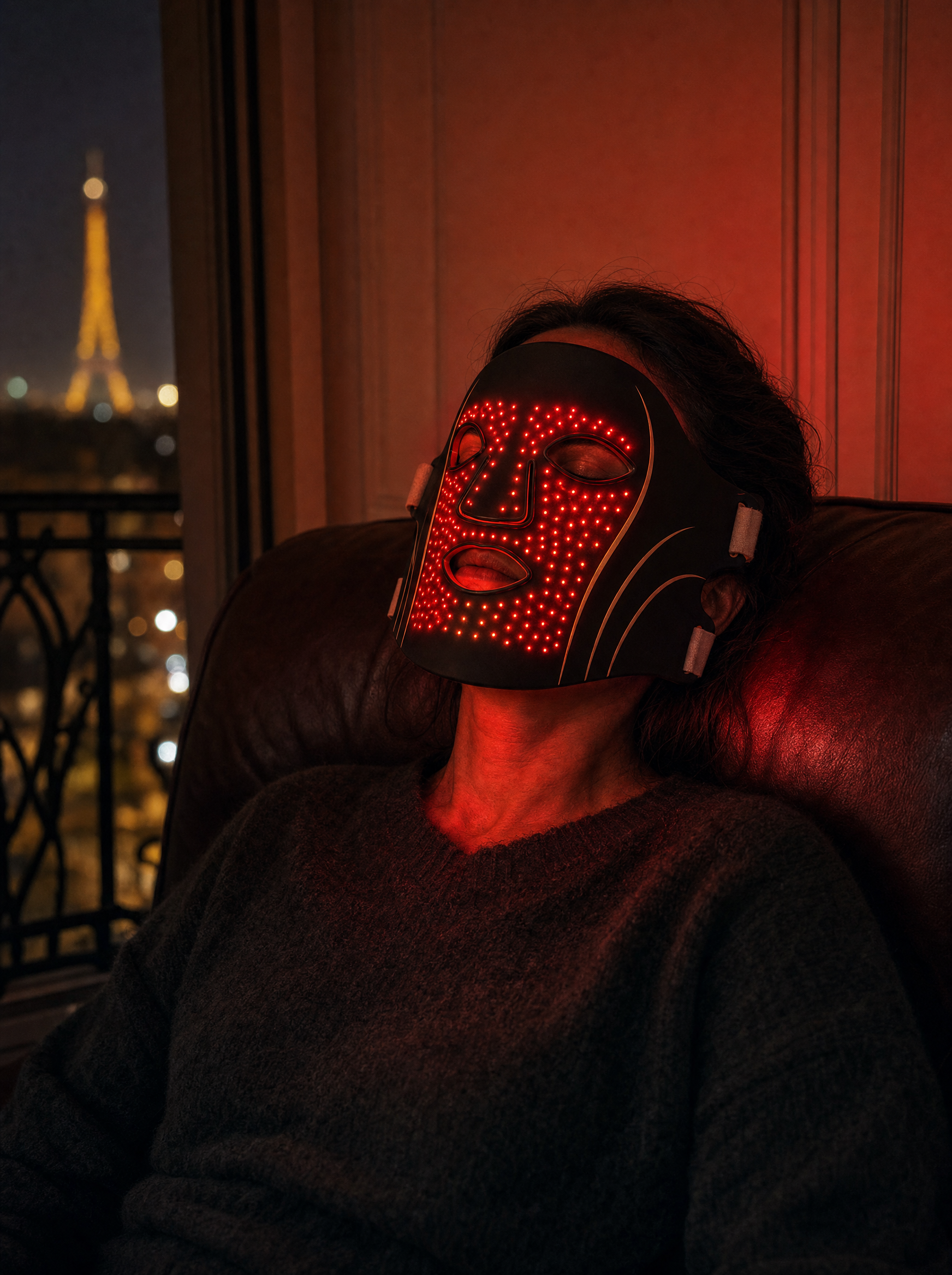 Une femme dans un fauteuil, le soir, porte le masque ONDESSA allumé en rouge