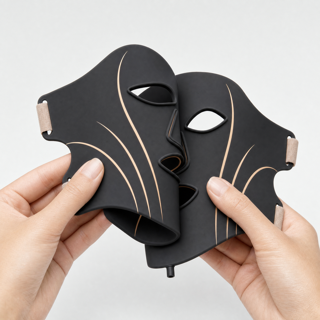 Deux mains plient le masque ONDESSA pour montrer la souplesse du silicone