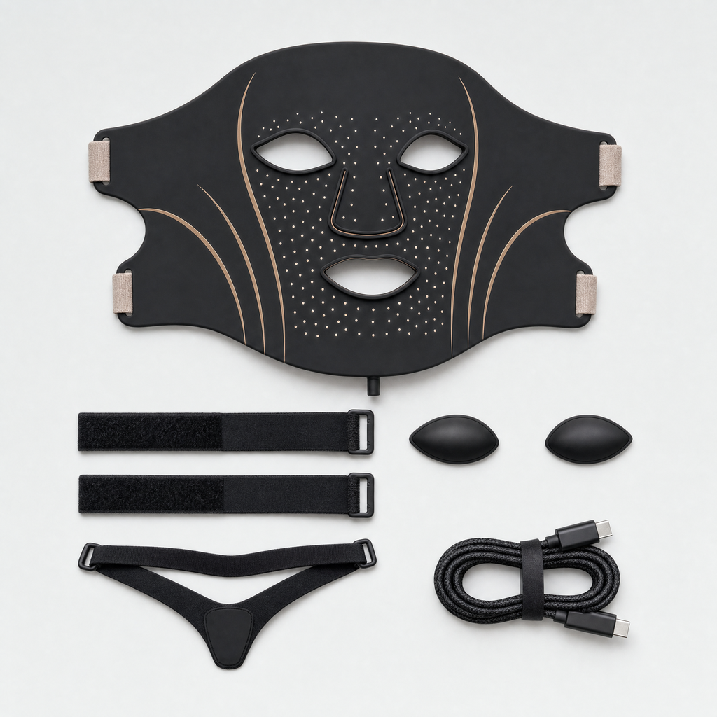 Le contenu du coffret : masque, deux sangles velcro, bandeau menton, deux coques oculaires, câble USB-C