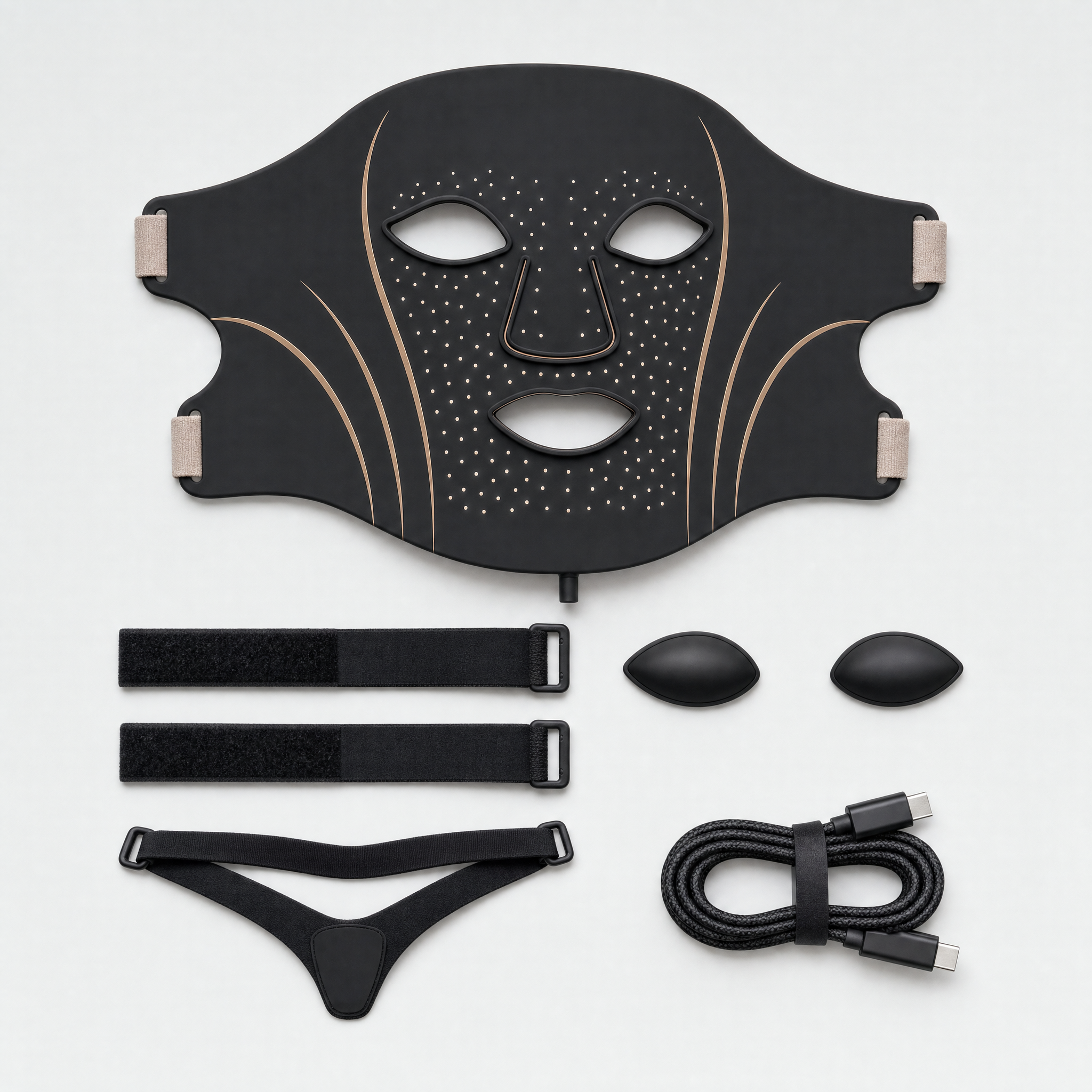 Le contenu du coffret : masque, deux sangles velcro, bandeau menton, deux coques oculaires, câble USB-C