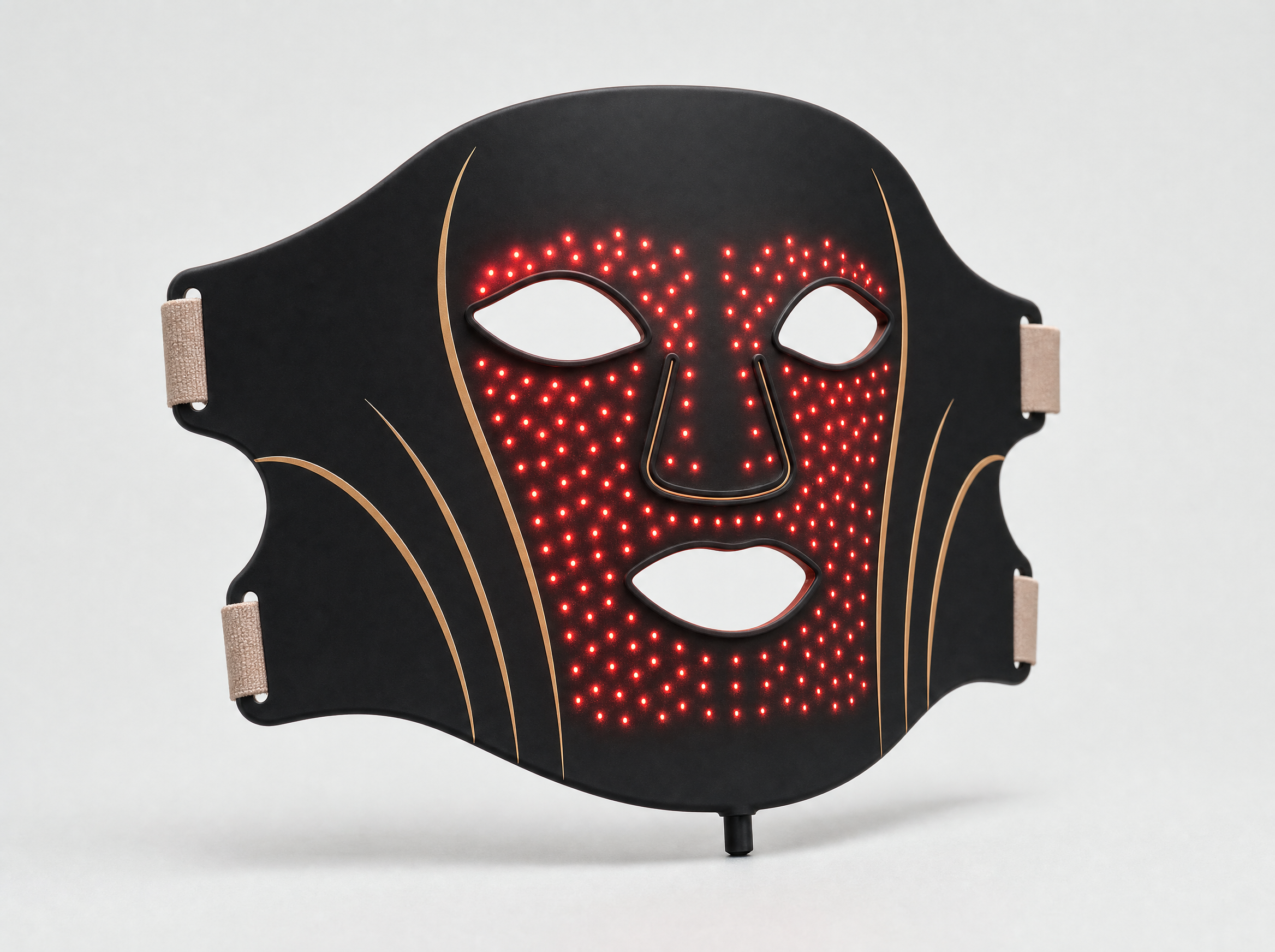 Le masque LED ONDESSA noir mat, vu de trois quarts, LED rouges allumées